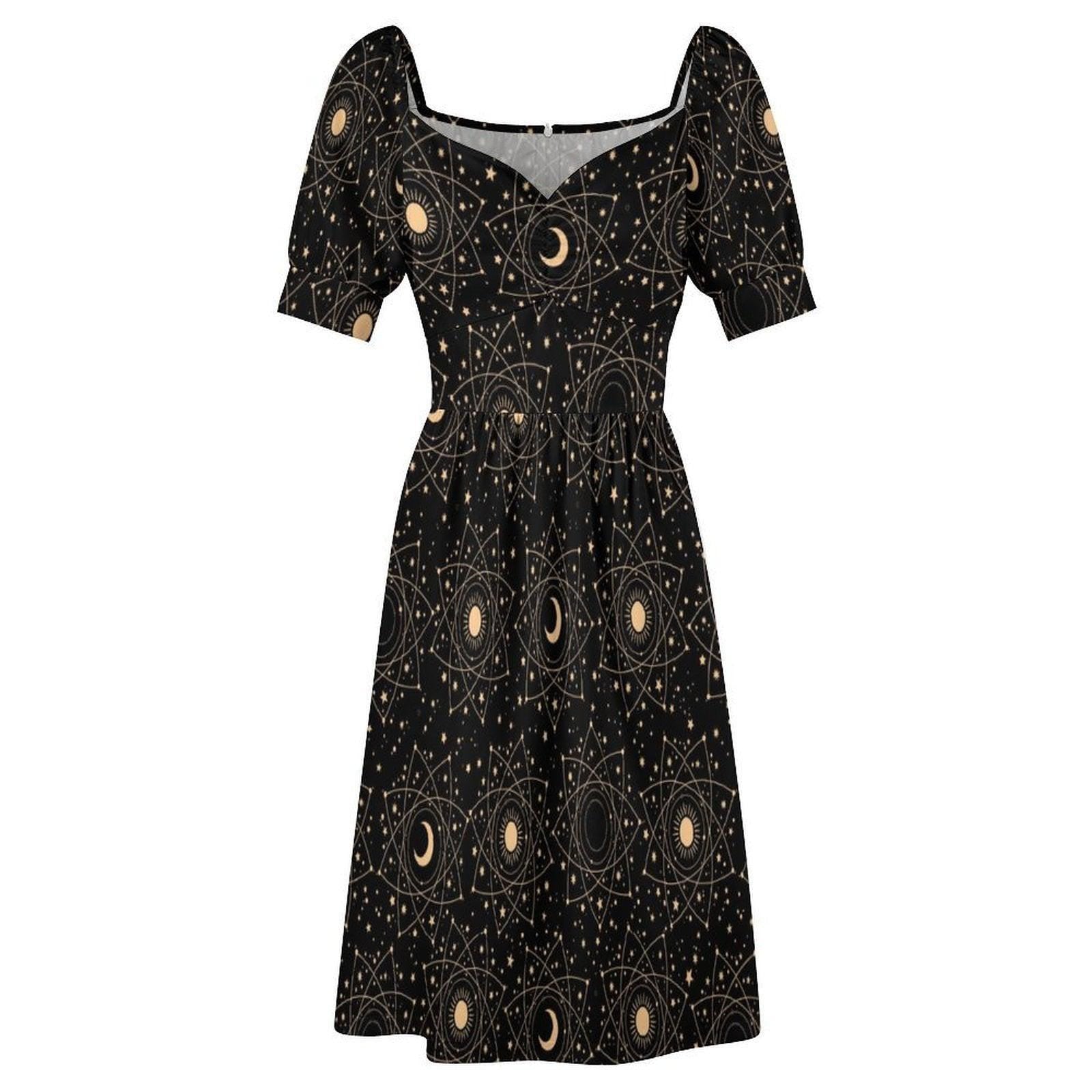 Celestial Moon Print Puff Sleeve Black Sundress