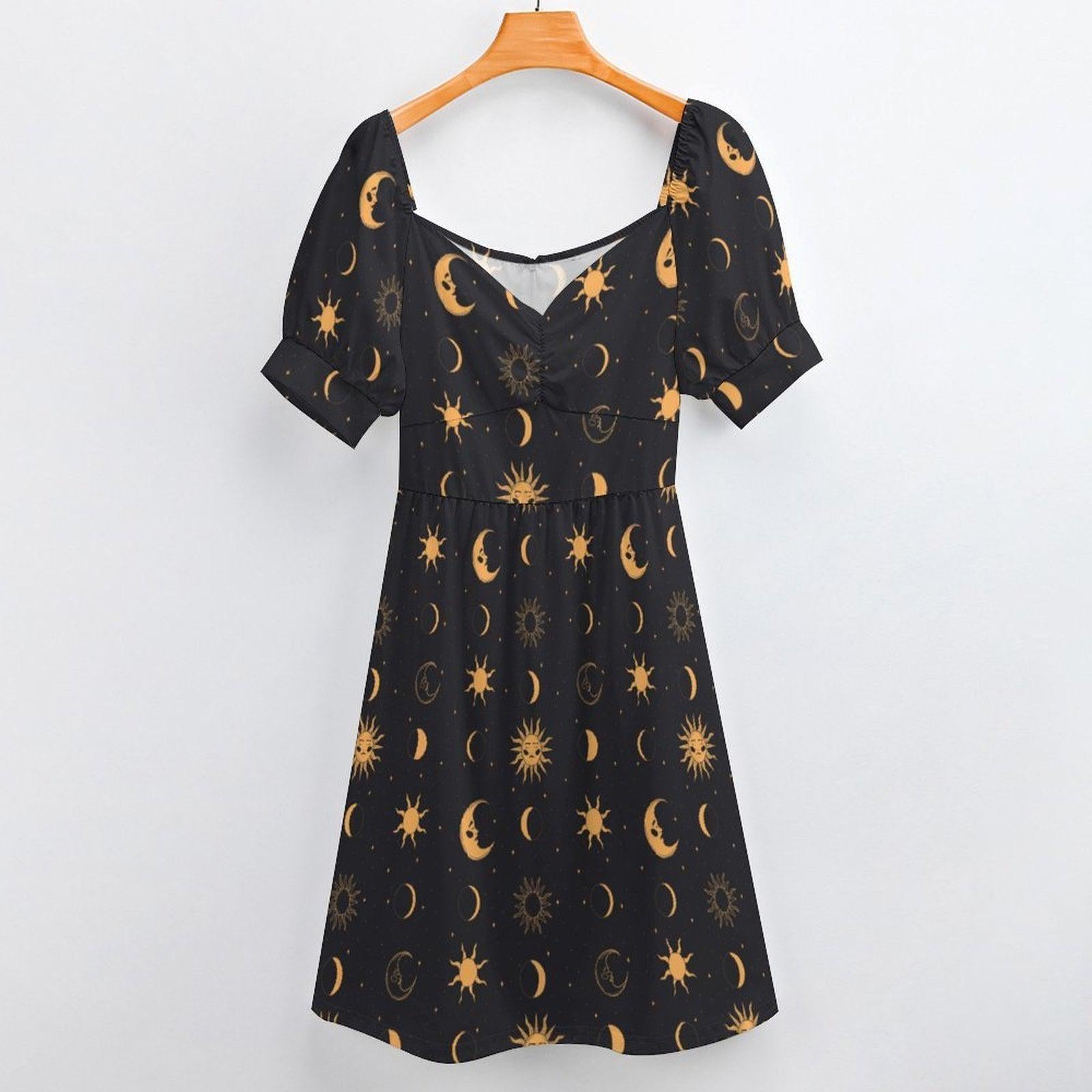 Black Gold Celestial Sun Moon Midi Dress