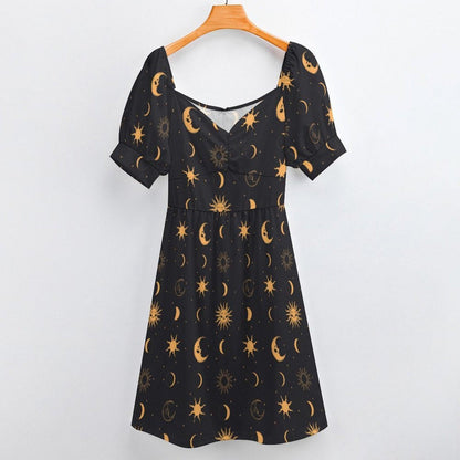 Black Gold Celestial Sun Moon Midi Dress