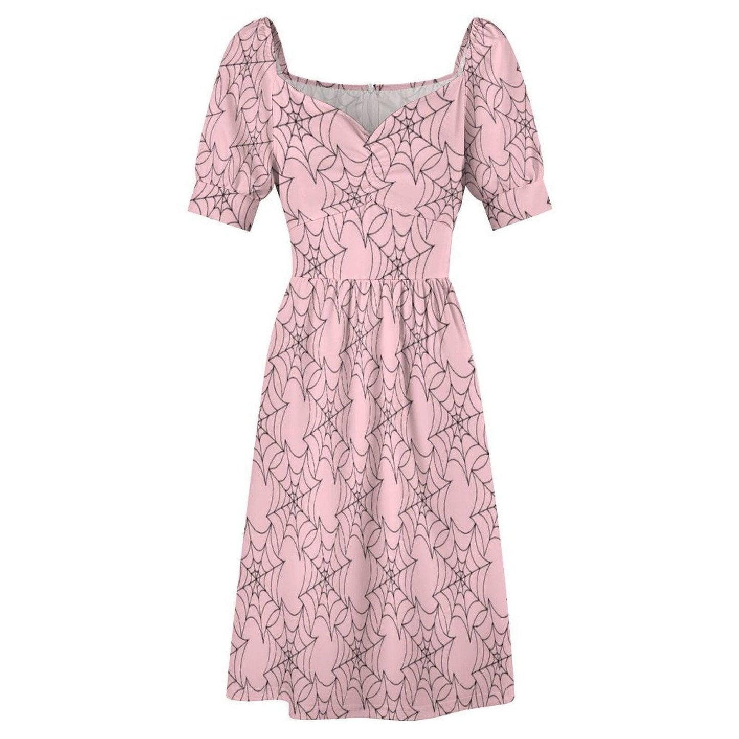 Pink Spiderweb Midi Dress, Pastel Goth Puff Sleeve, Sweetheart Neckline Halloween