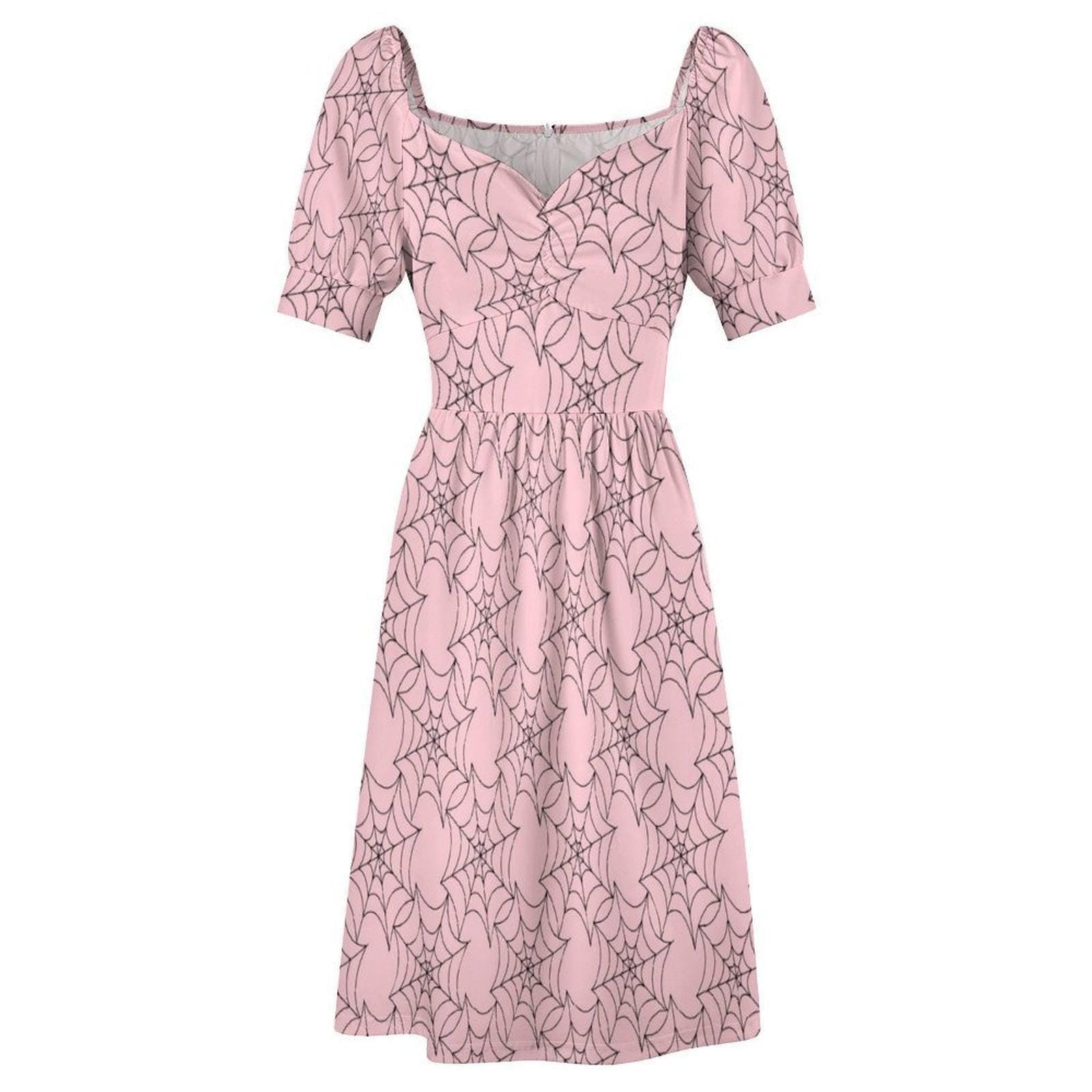 Pink Spiderweb Midi Dress, Pastel Goth Puff Sleeve, Sweetheart Neckline Halloween