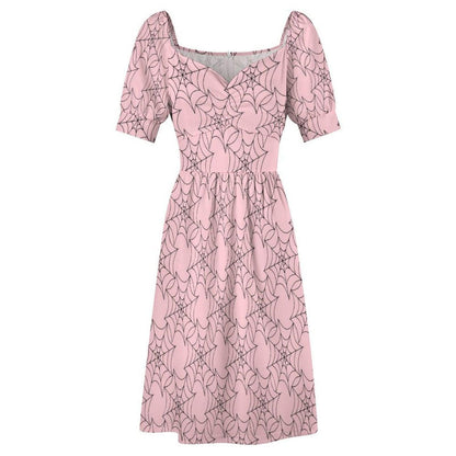 Pink Spiderweb Midi Dress, Pastel Goth Puff Sleeve, Sweetheart Neckline Halloween