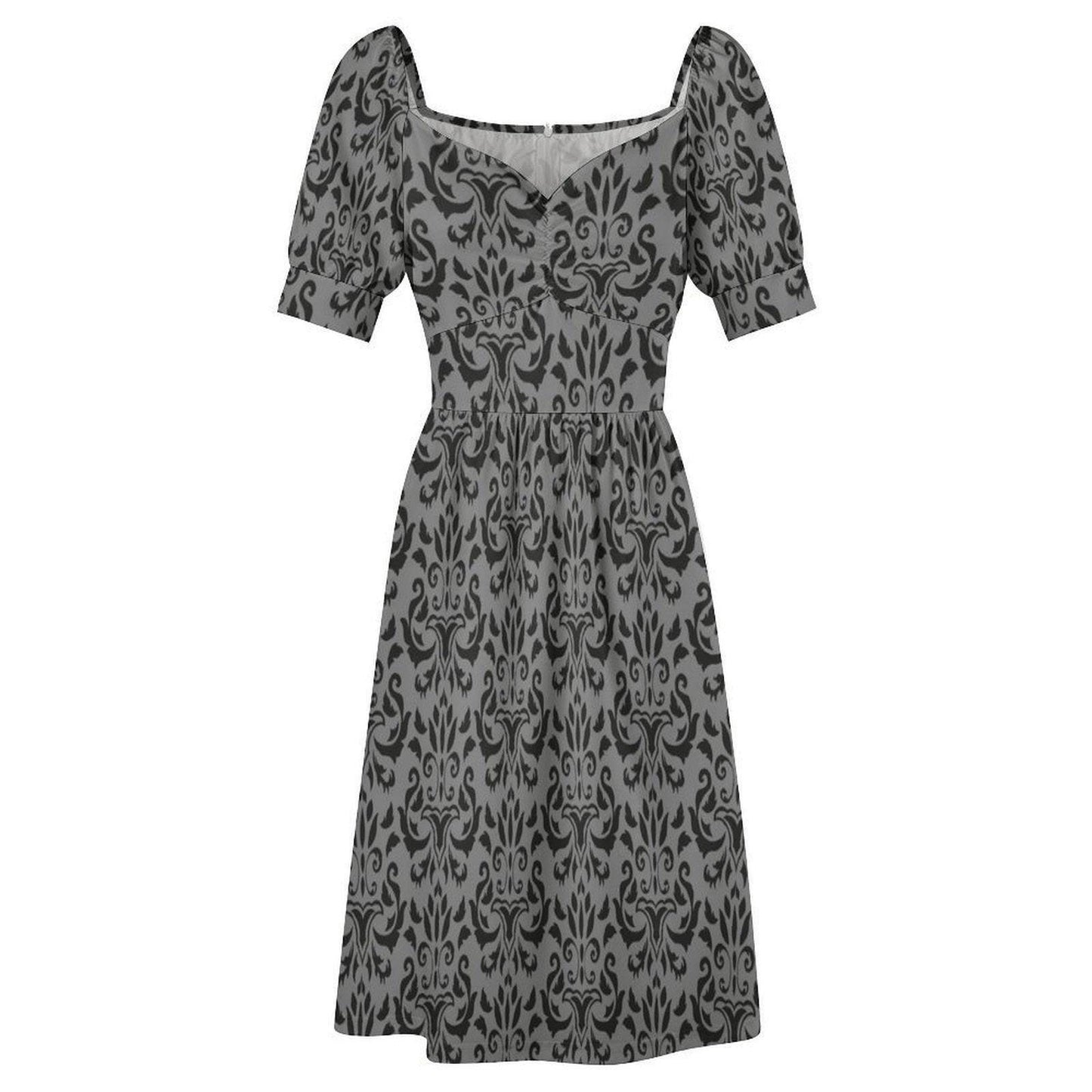 Victorian Damask Dress, Baroque Sweetheart Midi, Gray Goth Occasion Wear
