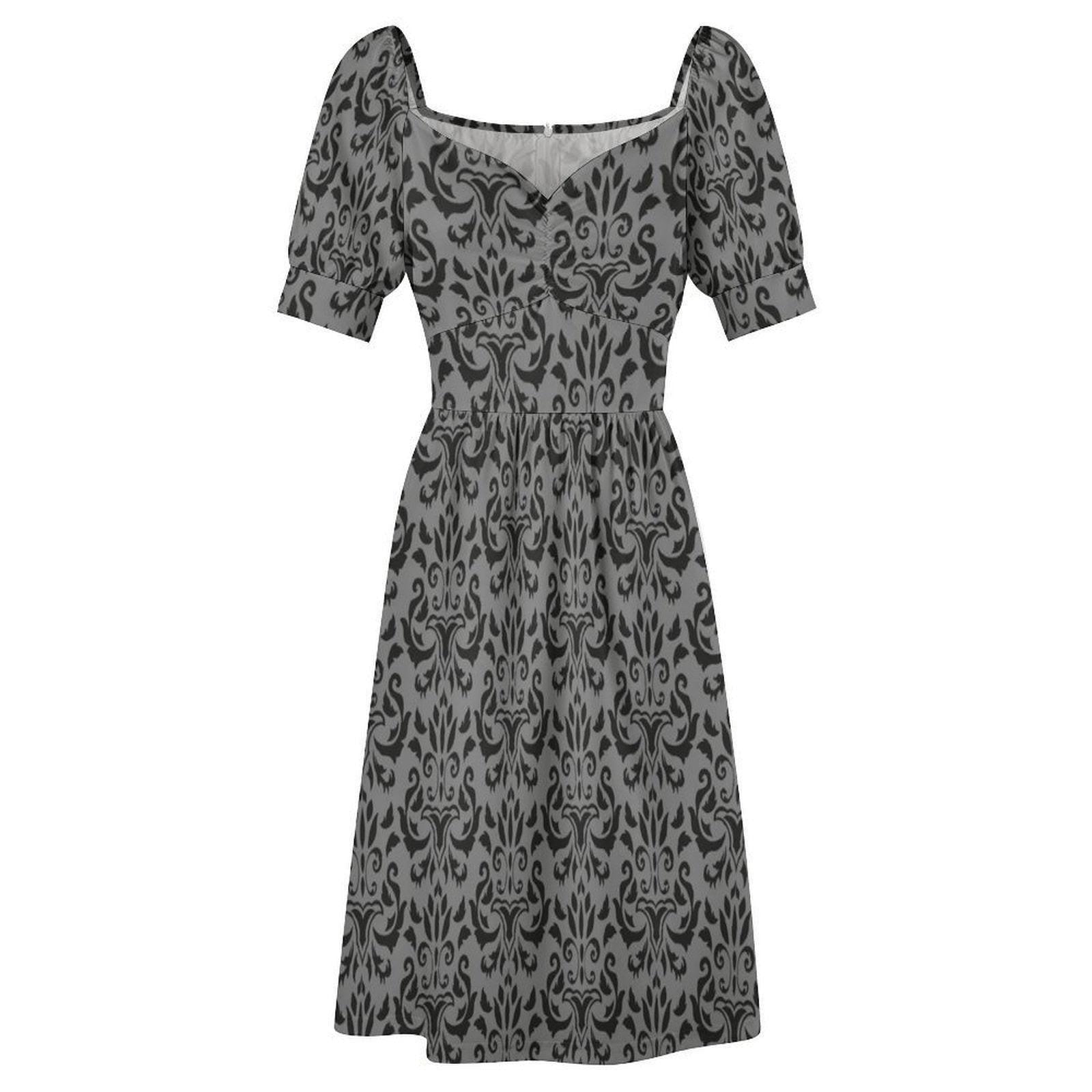 Victorian Damask Dress, Baroque Sweetheart Midi, Gray Goth Occasion Wear