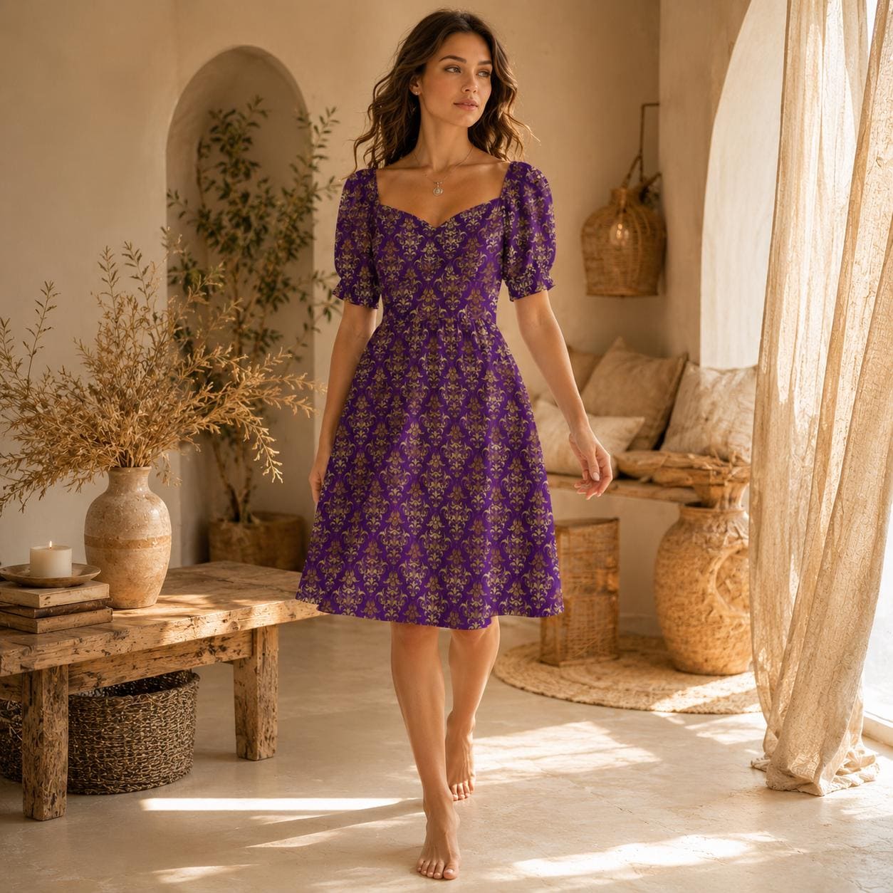 Purple Gold Baroque Midi Dress