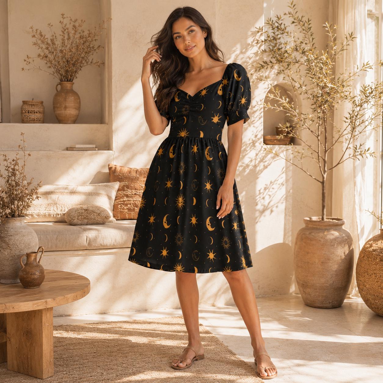 Black Gold Celestial Sun Moon Midi Dress