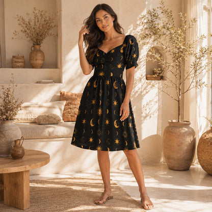 Black Gold Celestial Sun Moon Midi Dress