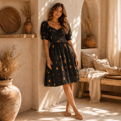 Black Gold Celestial Sun Moon Midi Dress
