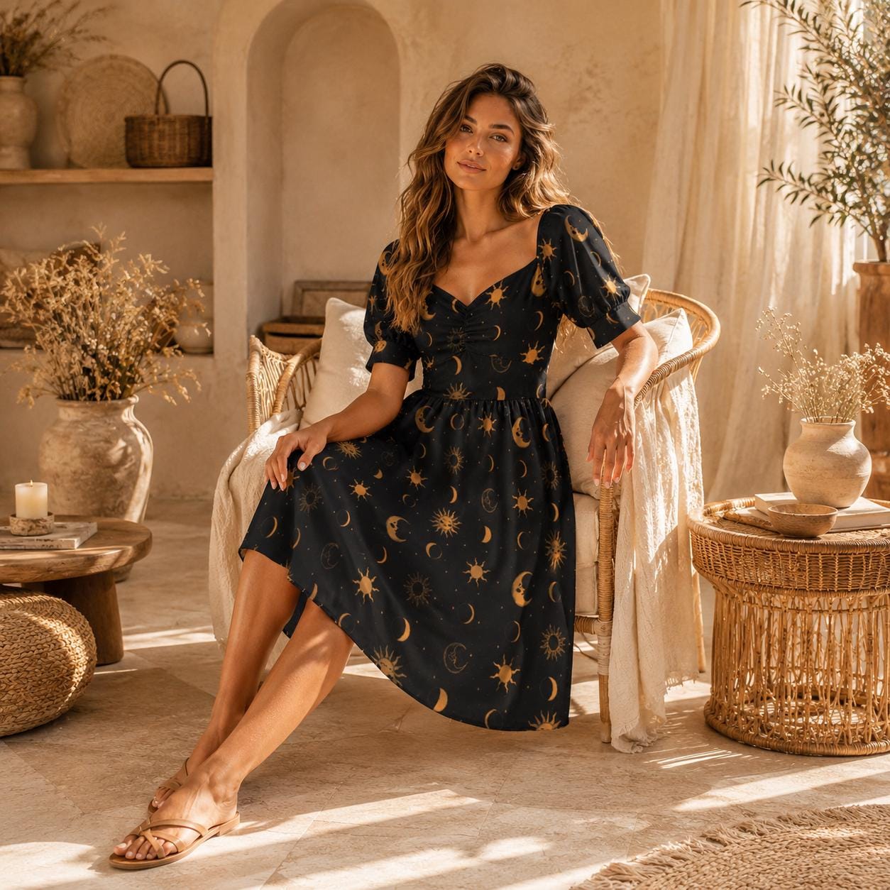 Black Gold Celestial Sun Moon Midi Dress