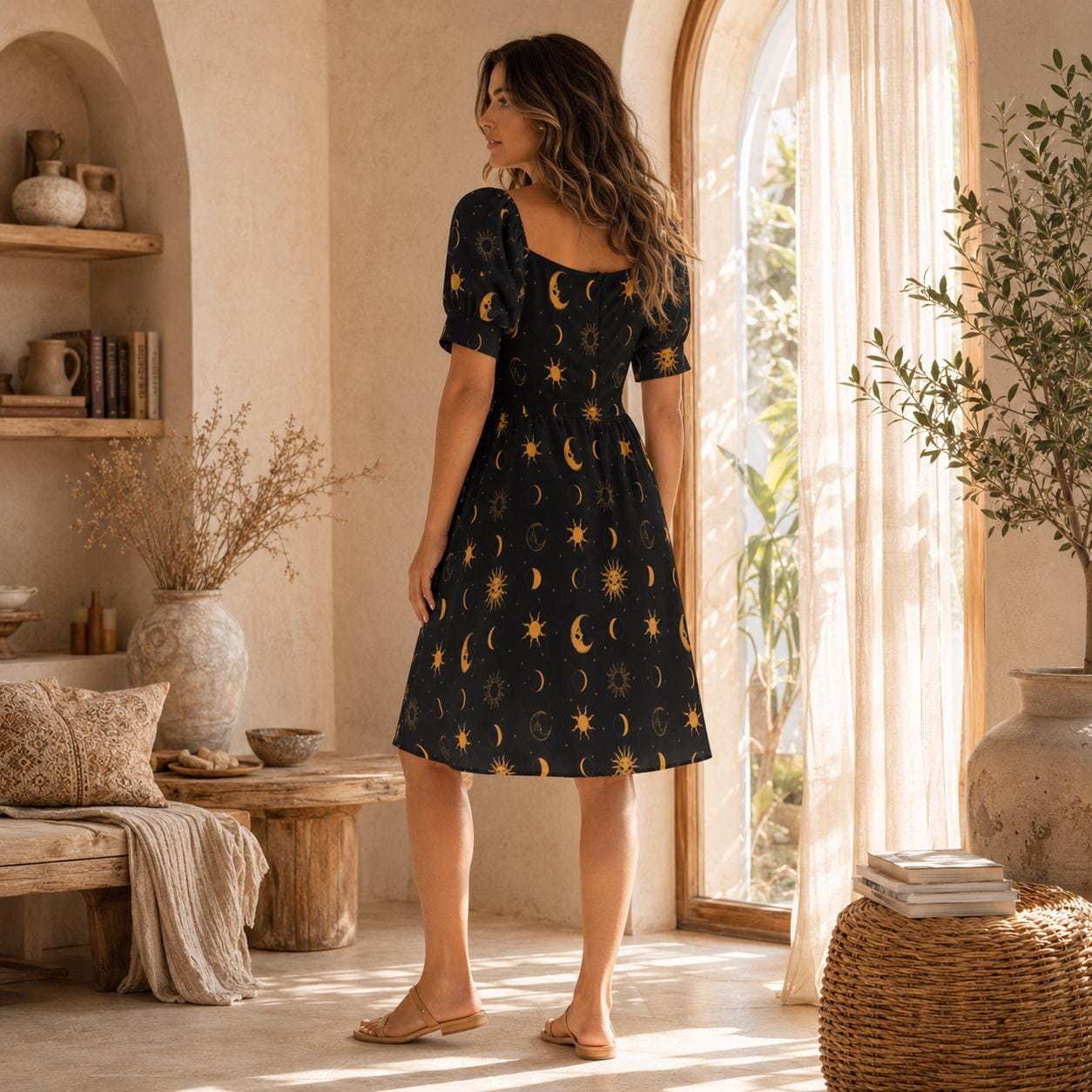 Black Gold Celestial Sun Moon Midi Dress