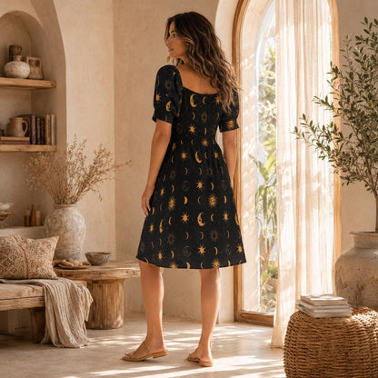 Black Gold Celestial Sun Moon Midi Dress