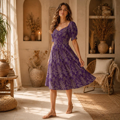 Purple Baroque Damask Fit and Flare Midi Dress