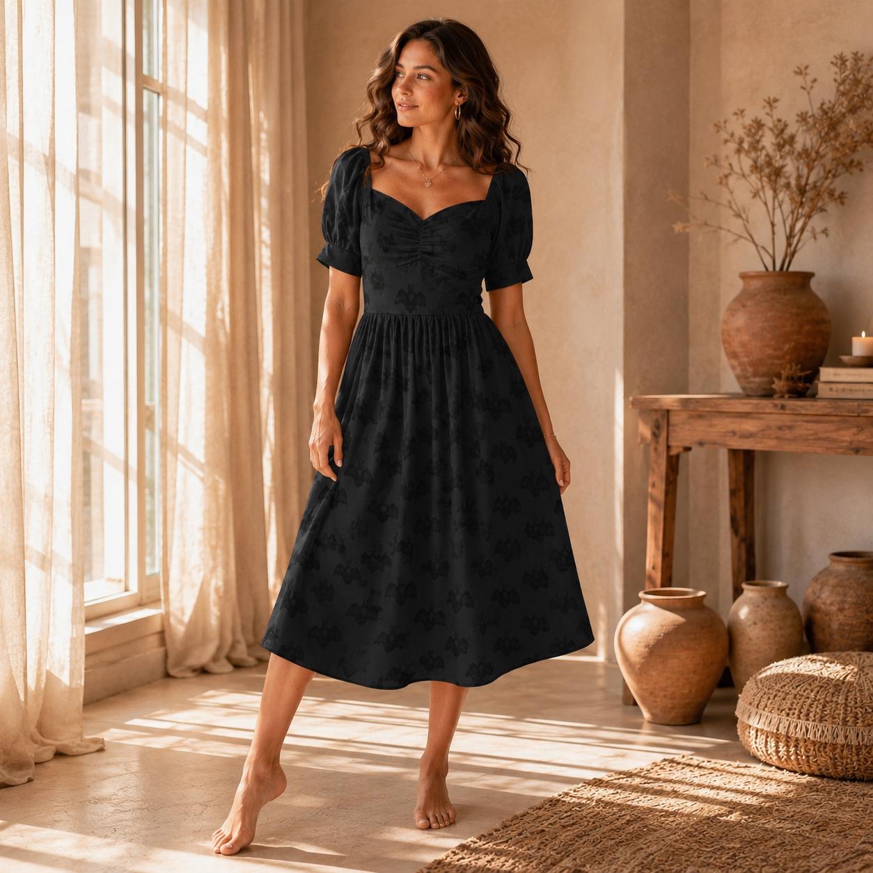 Black Bat Print Dress, Gothic Skater Midi, Halloween Party Outfit, Witchy Cottage Summer Dress
