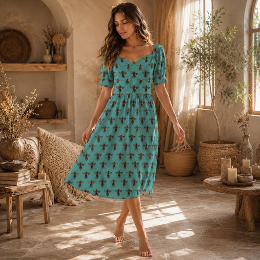 Aqua Honey Bee Print Midi Dress