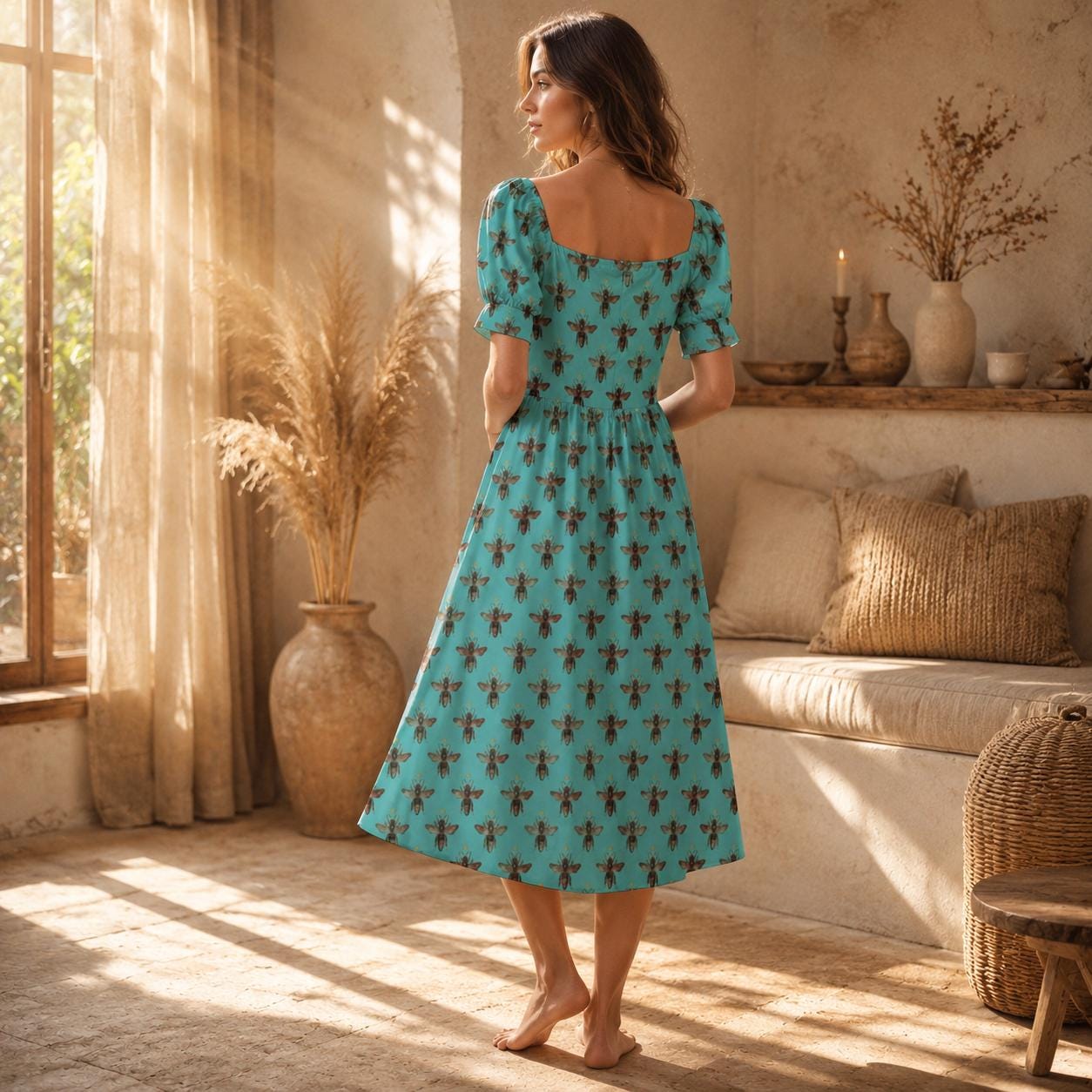 Aqua Honey Bee Print Midi Dress