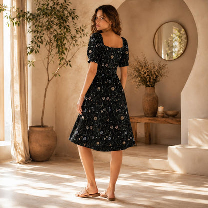 Black Floral Sweetheart Midi Dress