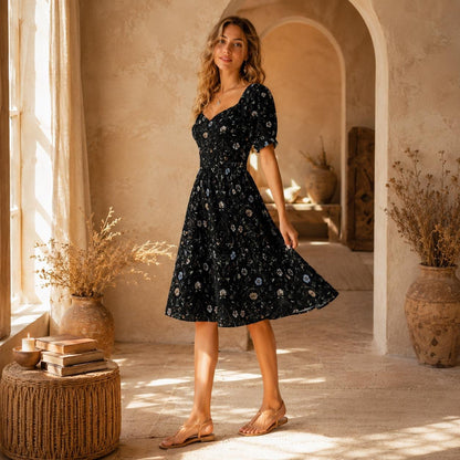 Black Floral Sweetheart Midi Dress