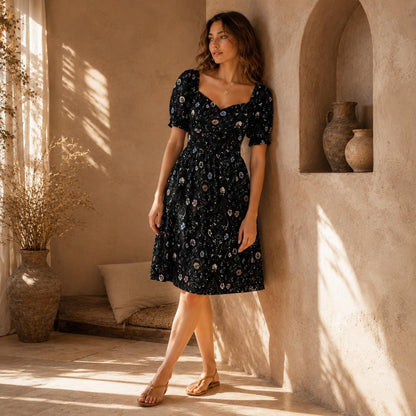 Black Floral Sweetheart Midi Dress