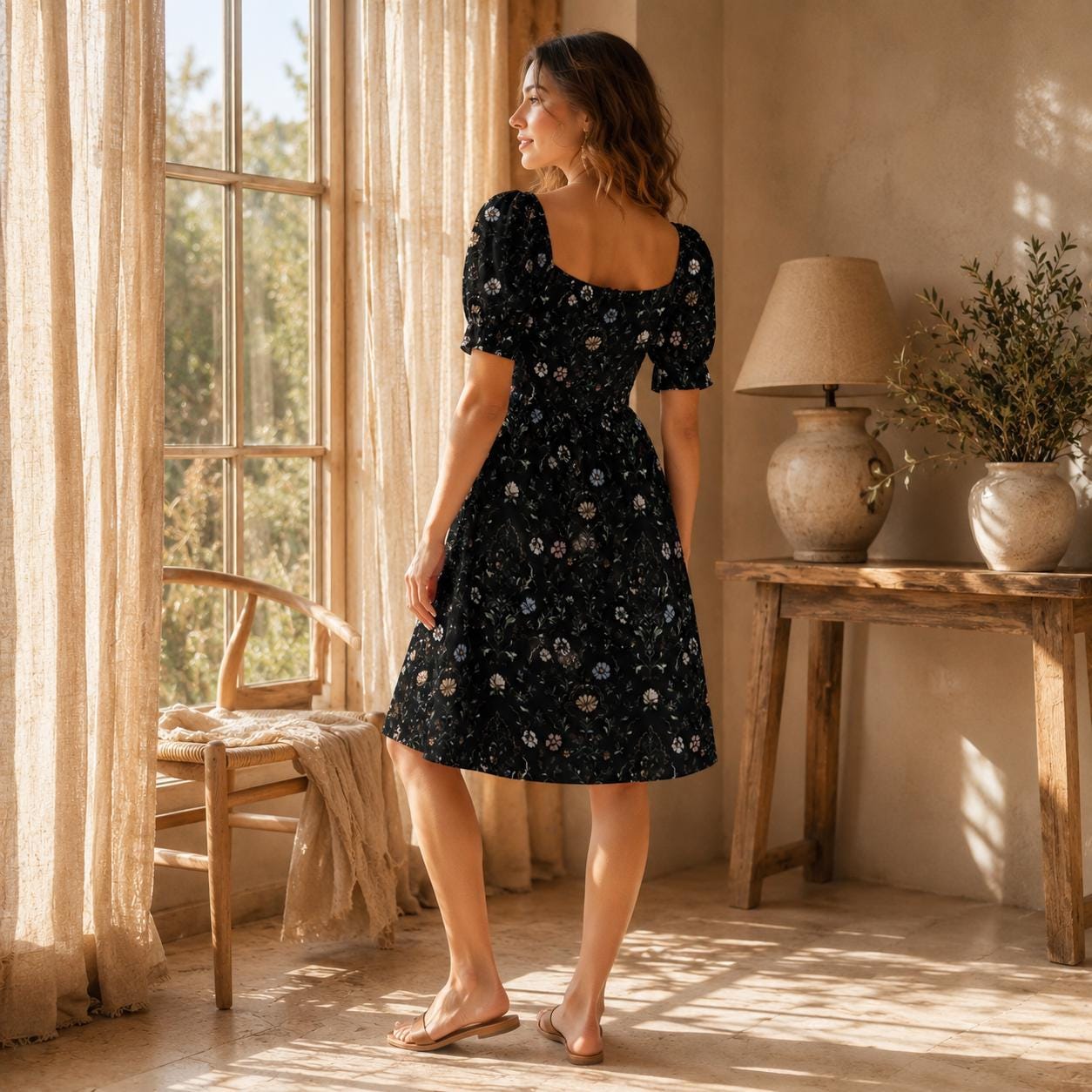 Black Floral Sweetheart Midi Dress