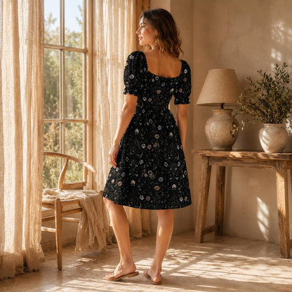 Black Floral Sweetheart Midi Dress