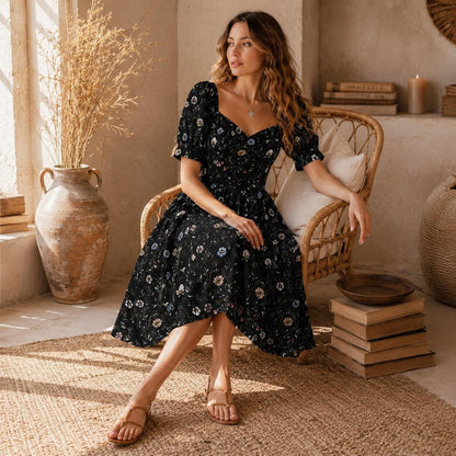 Black Floral Sweetheart Midi Dress
