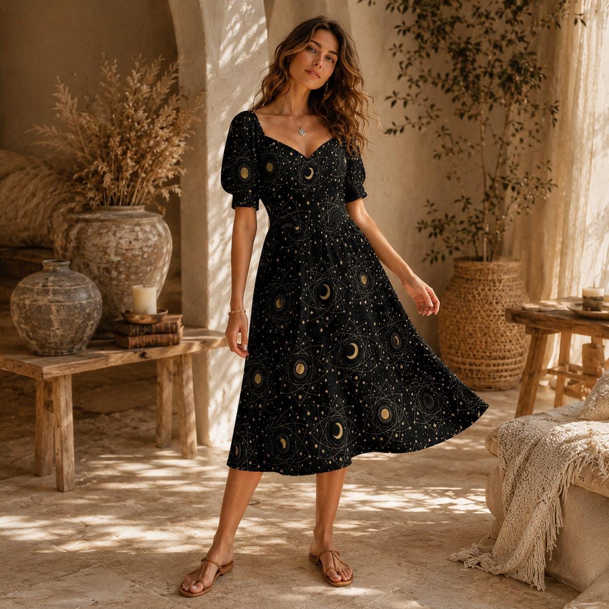 Celestial Moon Print Puff Sleeve Black Sundress