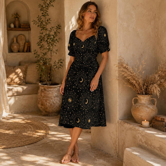 Celestial Moon Print Puff Sleeve Black Sundress