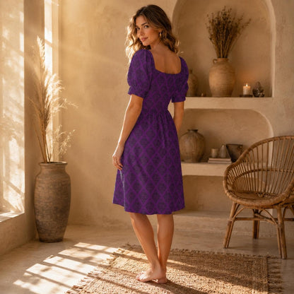 Dark Purple Midi Dress with Black Damask Print