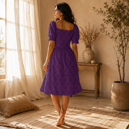 Dark Purple Midi Dress with Black Damask Print