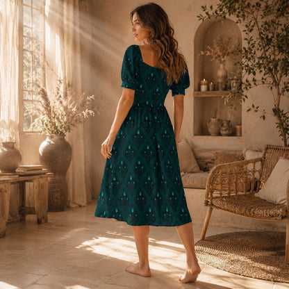 Teal Victorian Wallpaper Midi Dress