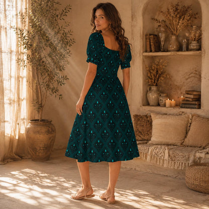 Teal Victorian Wallpaper Midi Dress