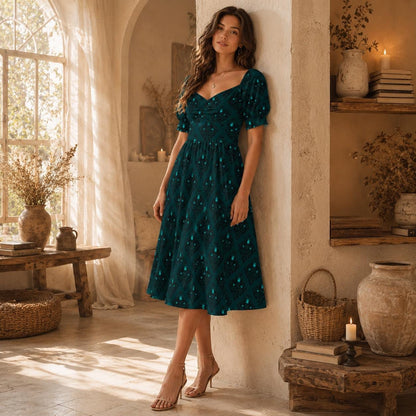 Teal Victorian Wallpaper Midi Dress