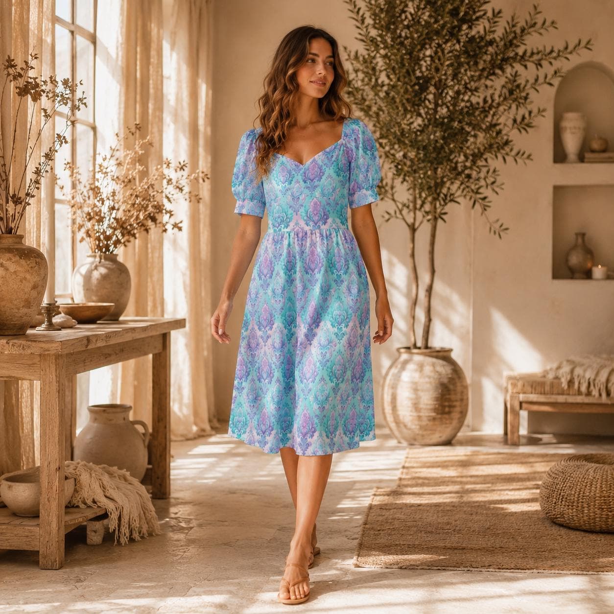 Pastel Damask Midi Dress