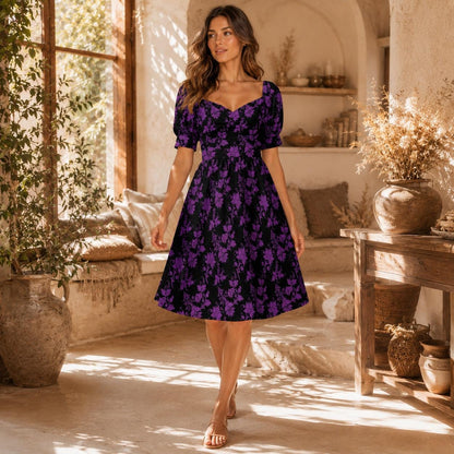 Black Purple Damask Skater Dress