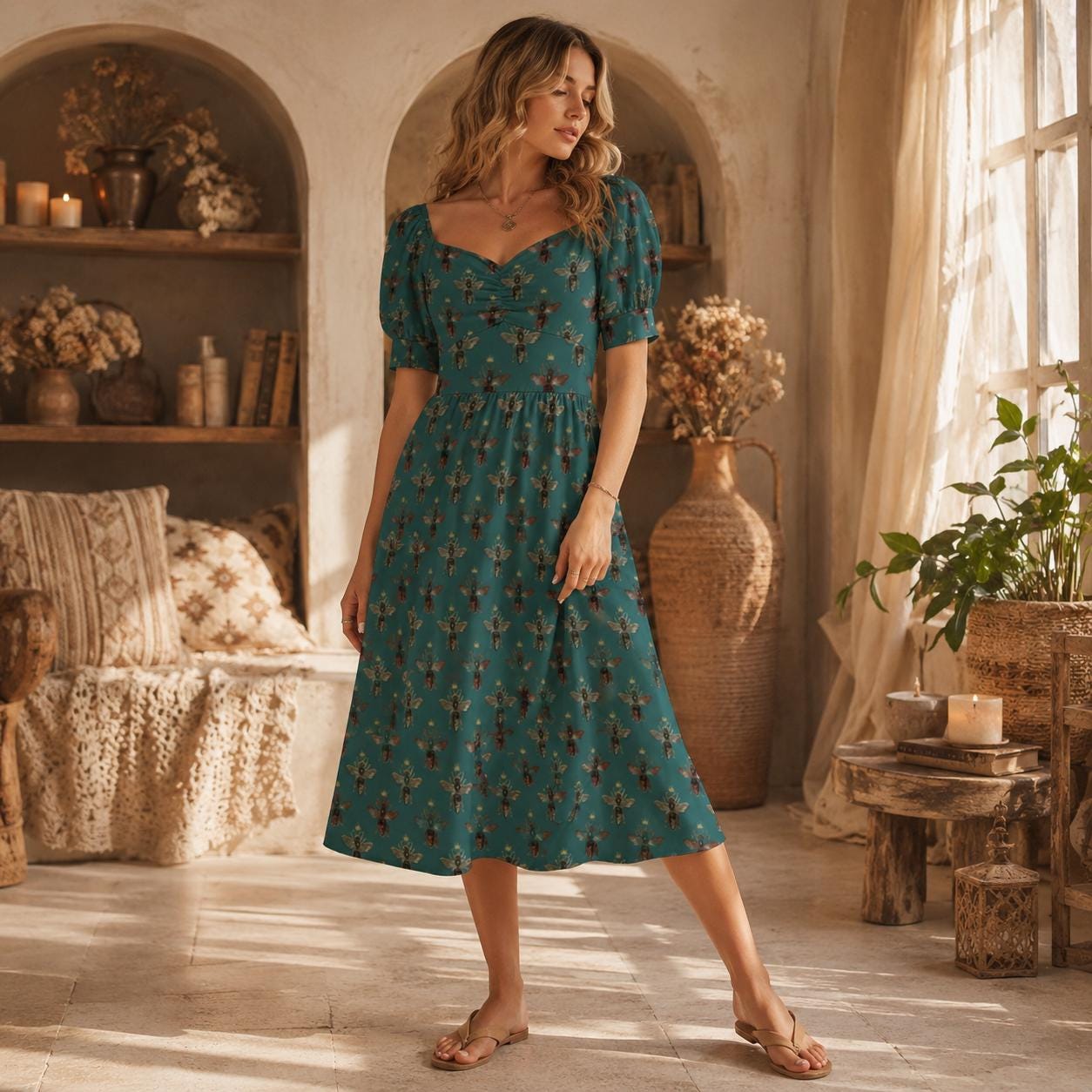 Teal Bee Midi Dress