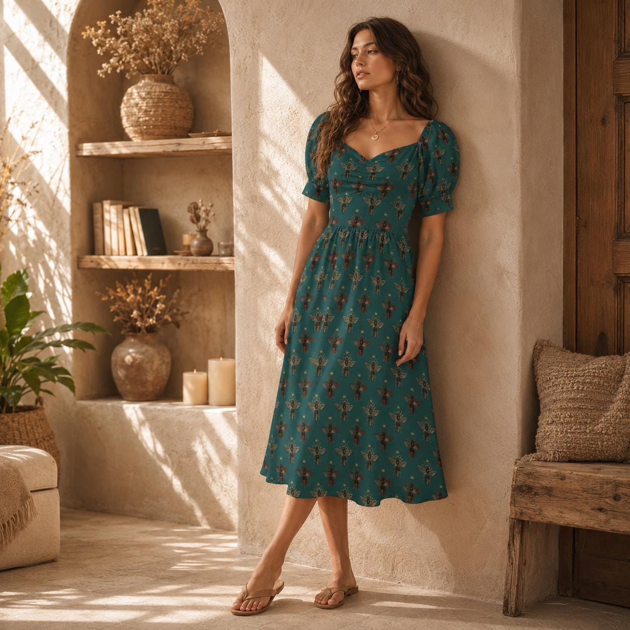Teal Bee Midi Dress