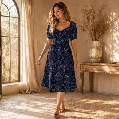 Navy Damask Midi Dress