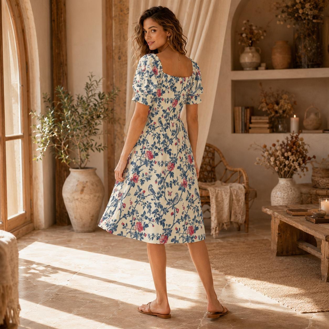 Cream Wildflower Vine Midi Dress