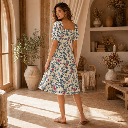 Cream Wildflower Vine Midi Dress