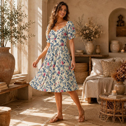 Cream Wildflower Vine Midi Dress