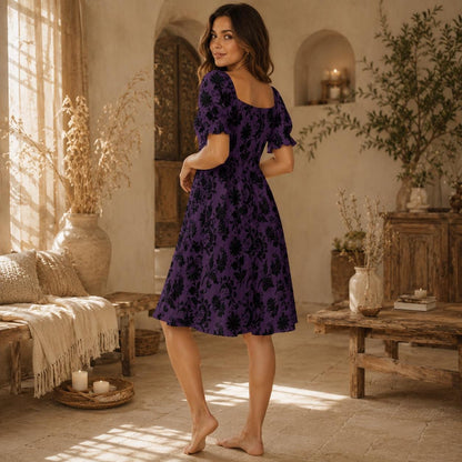 Plum floral midi dress, vintage-inspired puff sleeve dress, sweetheart neckline, romantic fall party outfit