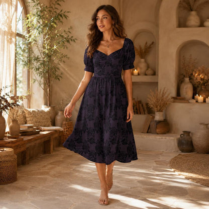 Gothic Rose Midi Dress, Dark Floral Sweetheart Dress, Puff Sleeve Cottagecore Outfit