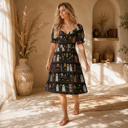 Haunted Bookshelf Midi Dress, Ghost Floral Book Lover, Spooky Library Sweetheart Style