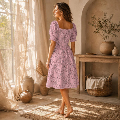 Pink Spiderweb Midi Dress, Pastel Goth Puff Sleeve, Sweetheart Neckline Halloween