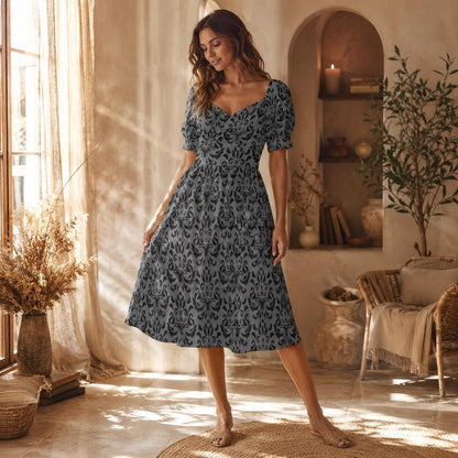 Victorian Damask Dress, Baroque Sweetheart Midi, Gray Goth Occasion Wear