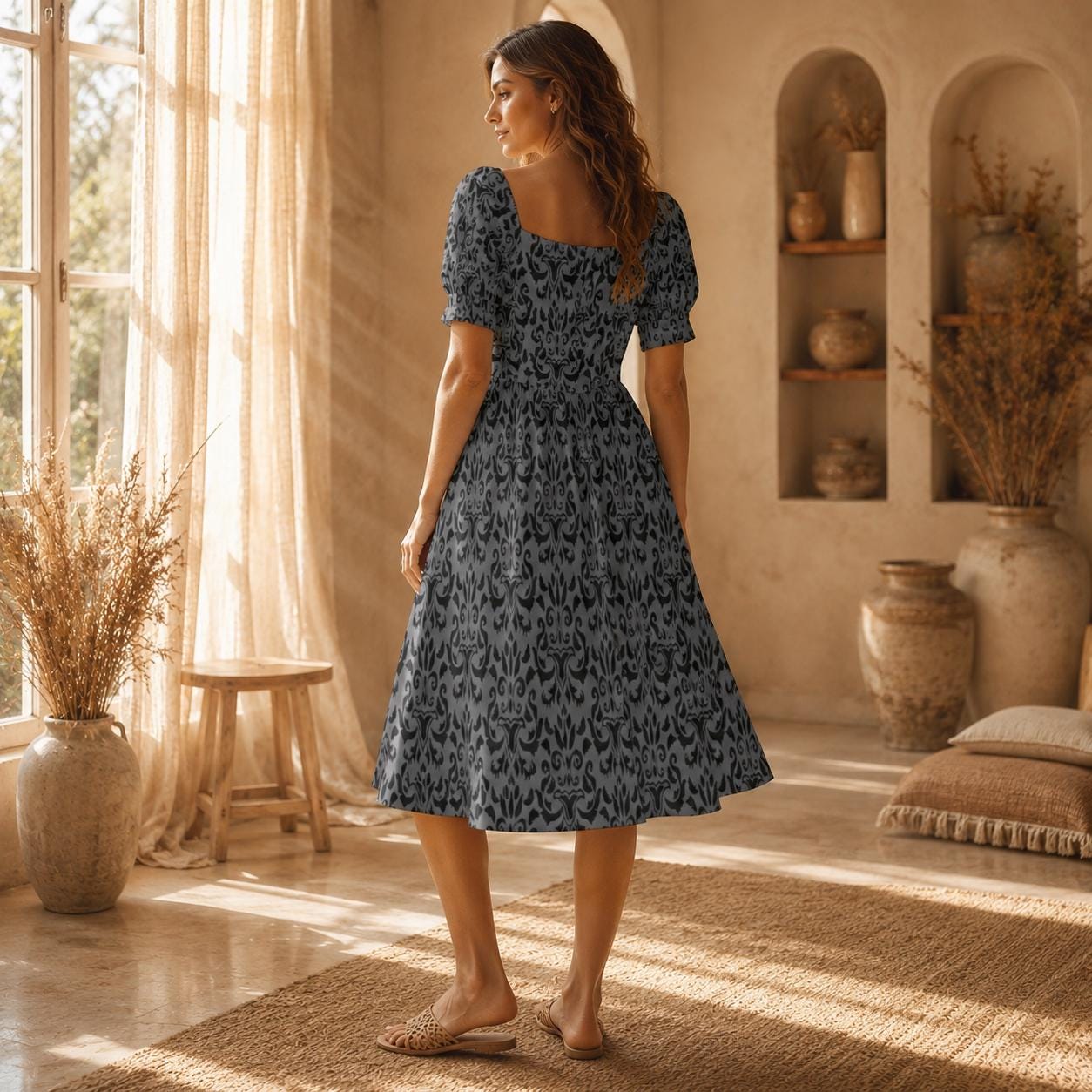 Victorian Damask Dress, Baroque Sweetheart Midi, Gray Goth Occasion Wear