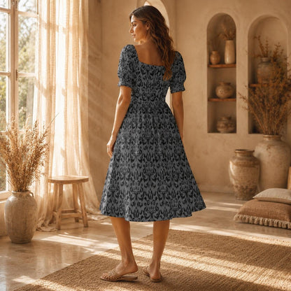 Victorian Damask Dress, Baroque Sweetheart Midi, Gray Goth Occasion Wear