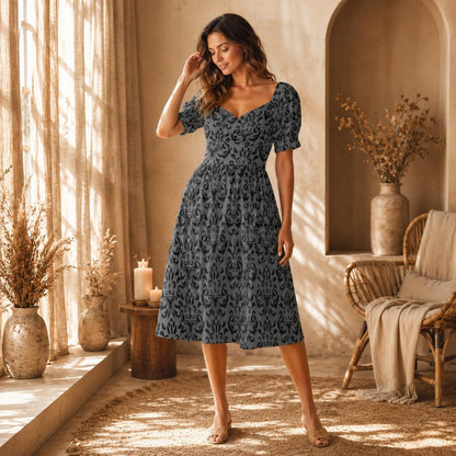 Victorian Damask Dress, Baroque Sweetheart Midi, Gray Goth Occasion Wear