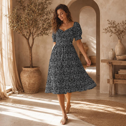 Victorian Damask Dress, Baroque Sweetheart Midi, Gray Goth Occasion Wear