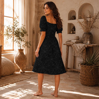 Gothic Spiderweb Puff Sleeve Dress, Spooky Halloween Cottagecore Outfit